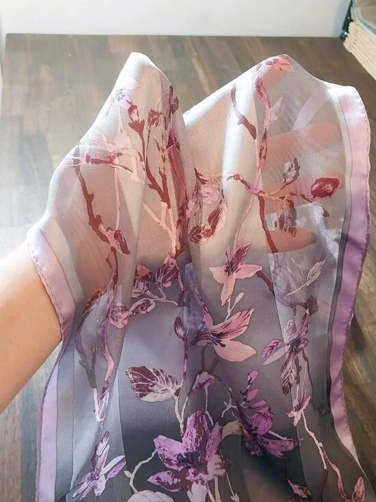 100% Silk Scarf Pink Brown Gray Floral Oblong 11x52 Lightweight by Anne Klein. - Picture 2 of 9